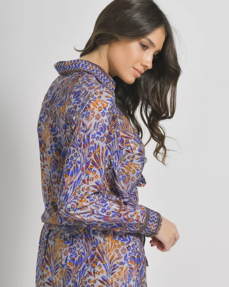 ΠΟΥΚΑΜΙΣΟ ΚΟΝΤΟ ΜΕ ΔΕΣΙΜΟ ΣΕ ΜΠΛΕ/ΠΟΡΤΟΚΑΛΙ ΧΡΩΜΑ ΜΕ ΣΧΕΔΙΑ ΜΑΚΡΥ ΜΑΝΙΚΙ M/L (28%SILK /72% CREPE)