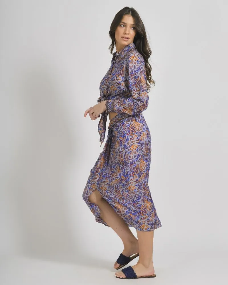 ΦΟΥΣΤΑ ΚΟΝΤΗ ΜΕ ΣΟΥΡΑ ΕΜΠΡΙΜΕ ΣΕ ΜΠΛΕ/ΠΟΡΤΟΚΑΛΙ ΧΡΩΜΑ ΜΕ ΣΧΕΔΙΑ S/M (28%SILK /72% CREPE)