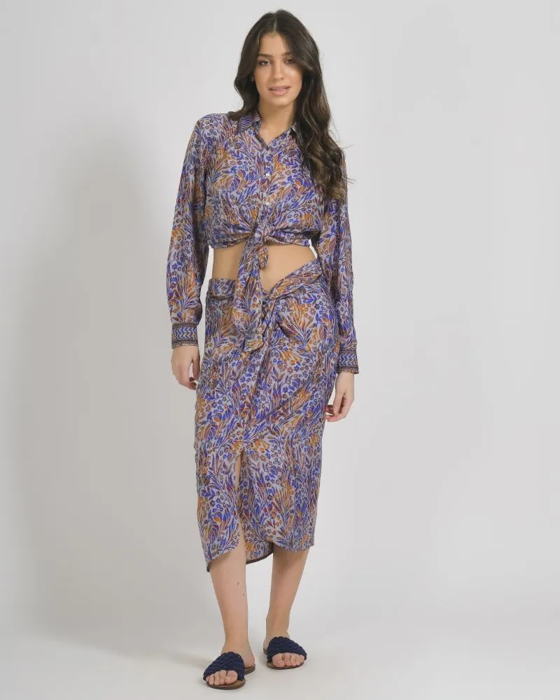 ΦΟΥΣΤΑ ΚΟΝΤΗ ΜΕ ΣΟΥΡΑ ΕΜΠΡΙΜΕ ΣΕ ΜΠΛΕ/ΠΟΡΤΟΚΑΛΙ ΧΡΩΜΑ ΜΕ ΣΧΕΔΙΑ M/L (28%SILK /72% CREPE)