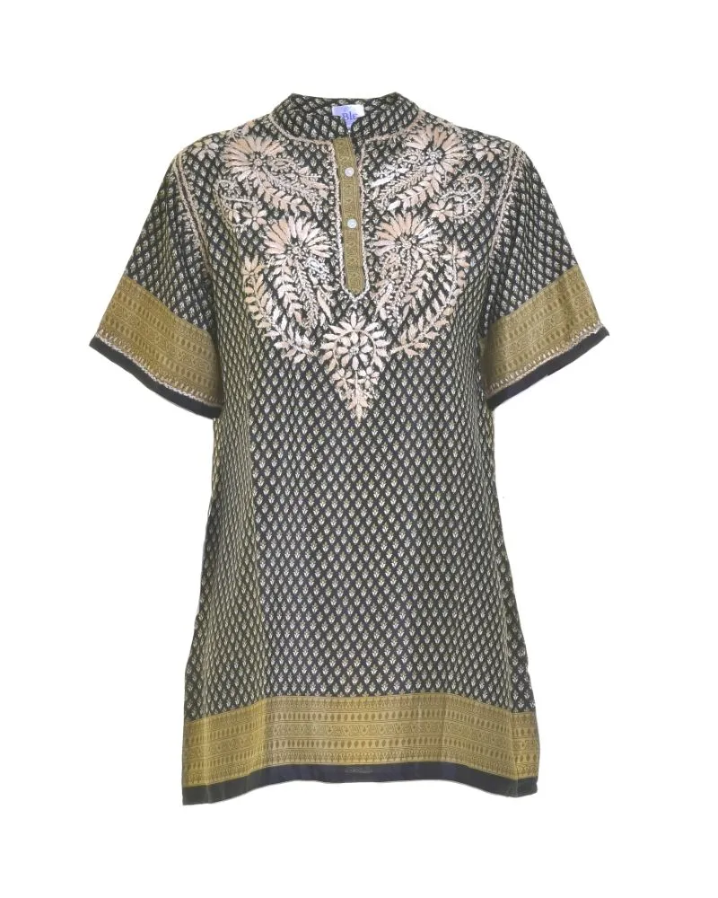 ΜΠΛΟΥΖΑ/TUNIC ΚΟΝΤΟΜΑΝΙΚΗ ΕΜΠΡΙΜΕ ΣΕ ΜΑΥΡΟ/ΜΠΕΖ ΧΡΩΜΑ ΜΕ ΣΧΕΔΙΑ M/L (28%SILK / 72%CREPE)