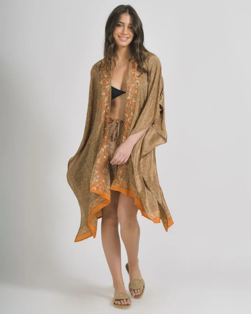 ΚΙΜΟΝΟ ΣΕ ΠΟΡΤΟΚΑΛΙ ΧΡΩΜΑ ΜΕ ΣΧΕΔΙΑ ΜΑΚΡΥ ΜΑΝΙΚΙ ONE SIZE (28%SILK / 72%CREPE)