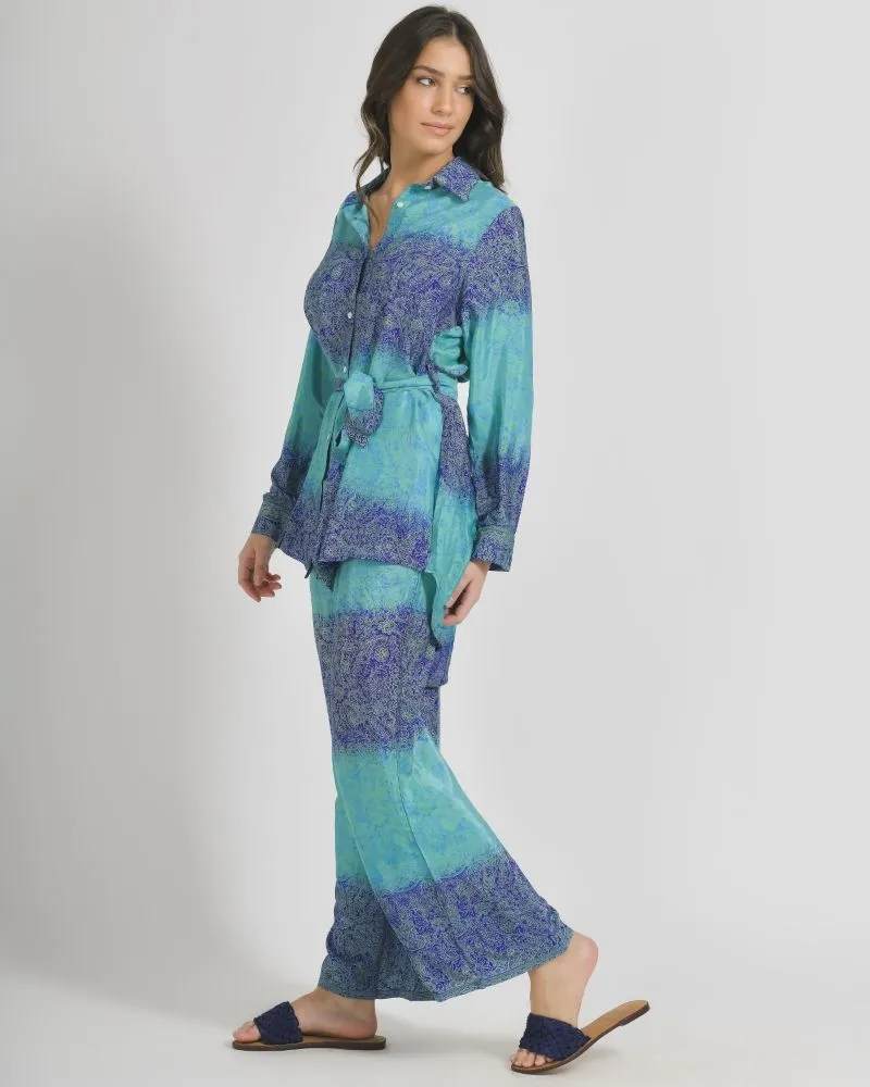 ΠΟΥΚΑΜΙΣΑ ΜΕ ΖΩΝΗ ΣΕ ΜΠΛΕ/ΠΡΑΣΙΝΟ ΧΡΩΜΑ ΜΕ ΣΧΕΔΙΑ S/M (28%SILK / 72% CREPE)