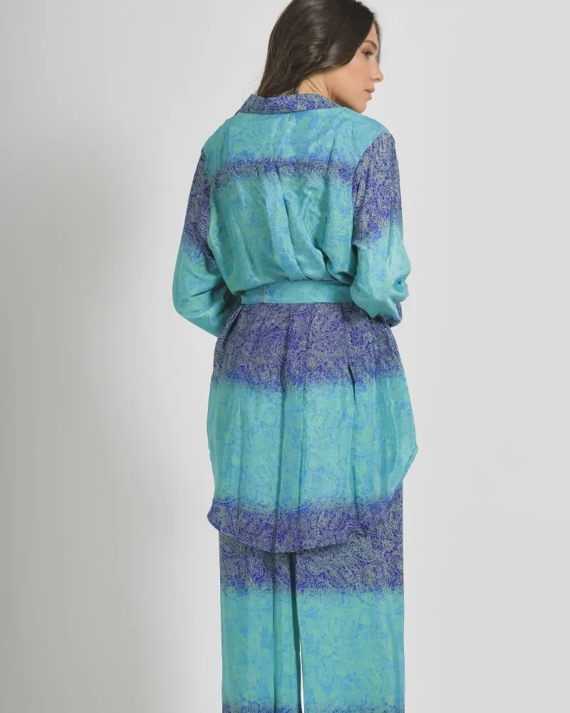 ΠΟΥΚΑΜΙΣΑ ΜΕ ΖΩΝΗ ΣΕ ΜΠΛΕ/ΠΡΑΣΙΝΟ ΧΡΩΜΑ ΜΕ ΣΧΕΔΙΑ M/L (28%SILK / 72% CREPE)