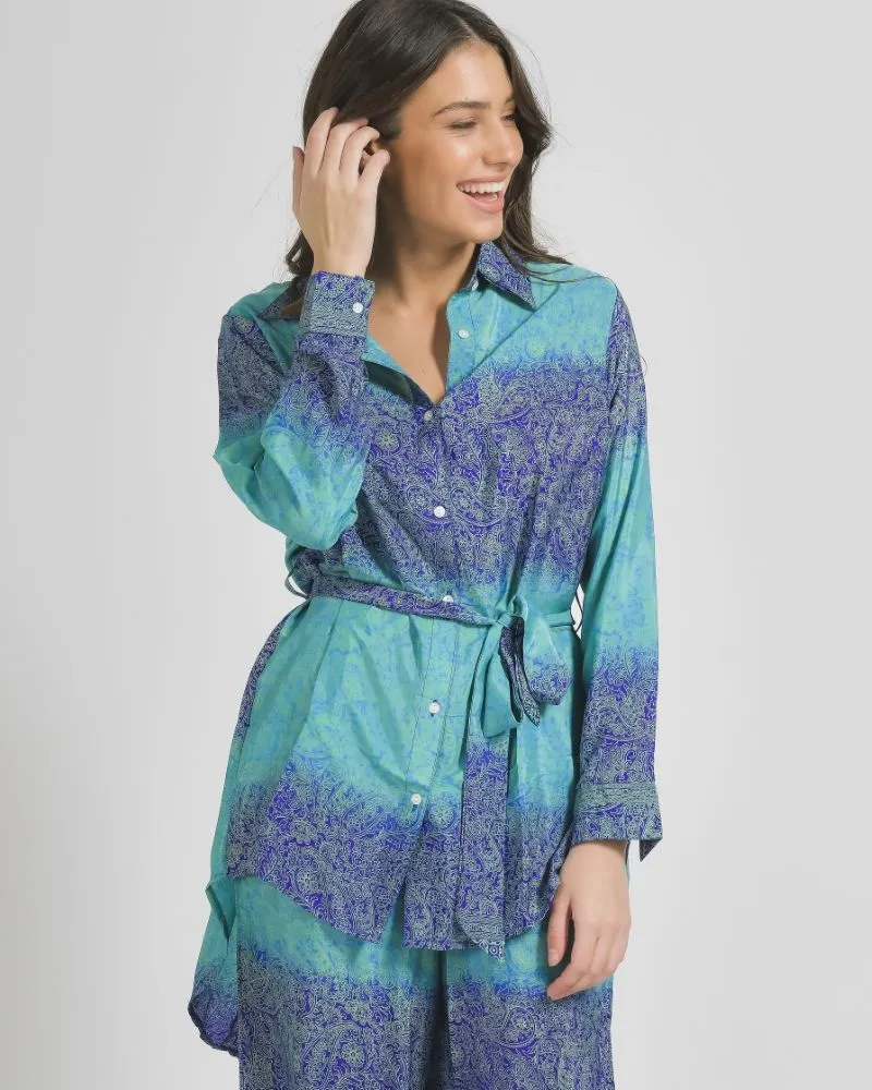 ΠΟΥΚΑΜΙΣΑ ΜΕ ΖΩΝΗ ΣΕ ΜΠΛΕ/ΠΡΑΣΙΝΟ ΧΡΩΜΑ ΜΕ ΣΧΕΔΙΑ M/L (28%SILK / 72% CREPE)