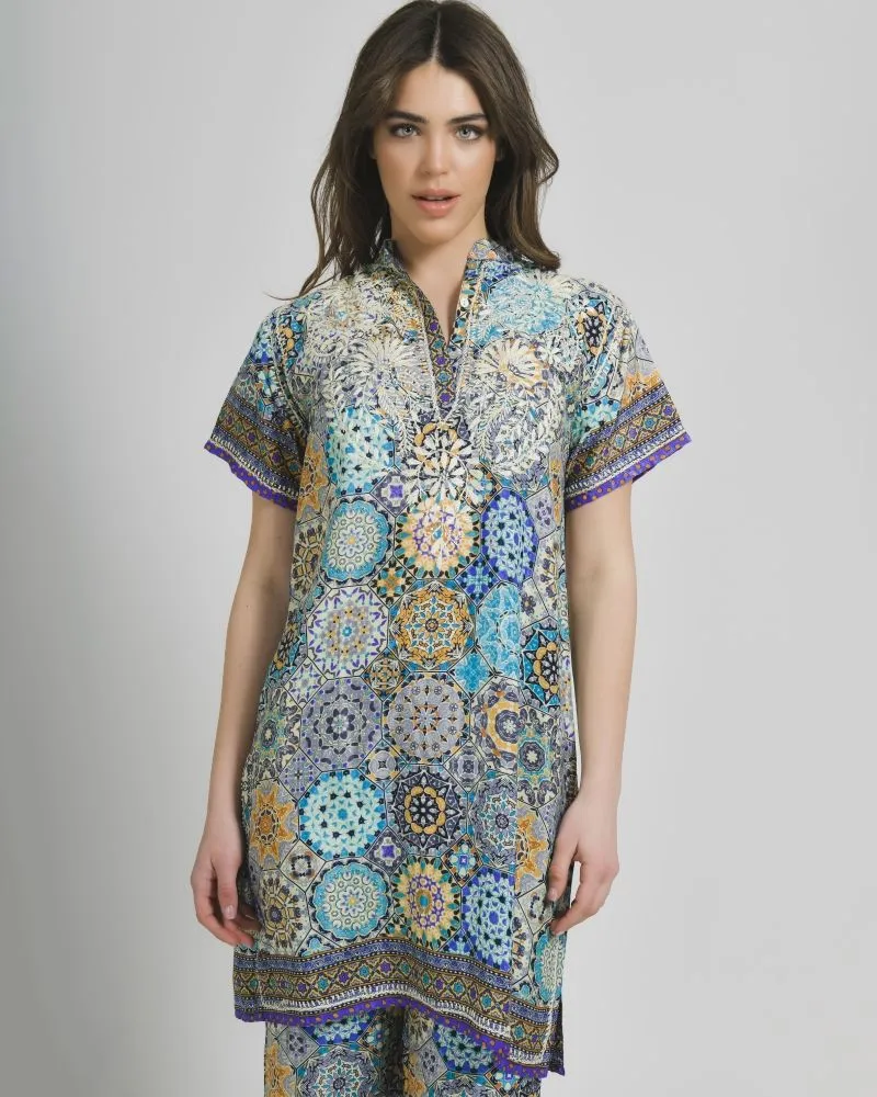 ΜΠΛΟΥΖΑ/TUNIC ΚΟΝΤΟΜΑΝΙΚΗ ΕΜΠΡΙΜΕ ΣΕ ΜΠΛΕ ΧΡΩΜΑ S/M (28%SILK / 72%CREPE)