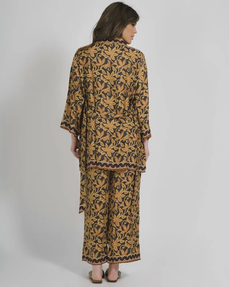 S/3 ΚΙΜΟΝΟ, ΤΟΠ ΚΑΙ ΠΑΝΤΕΛΟΝΑ ΕΜΠΡΙΜΕ ΣΕ ΜΑΥΡΟ/ΜΟΥΣΤΑΡΔΙ ΧΡΩΜΑ ONE SIZE (28%SILK / 72%CREPE)