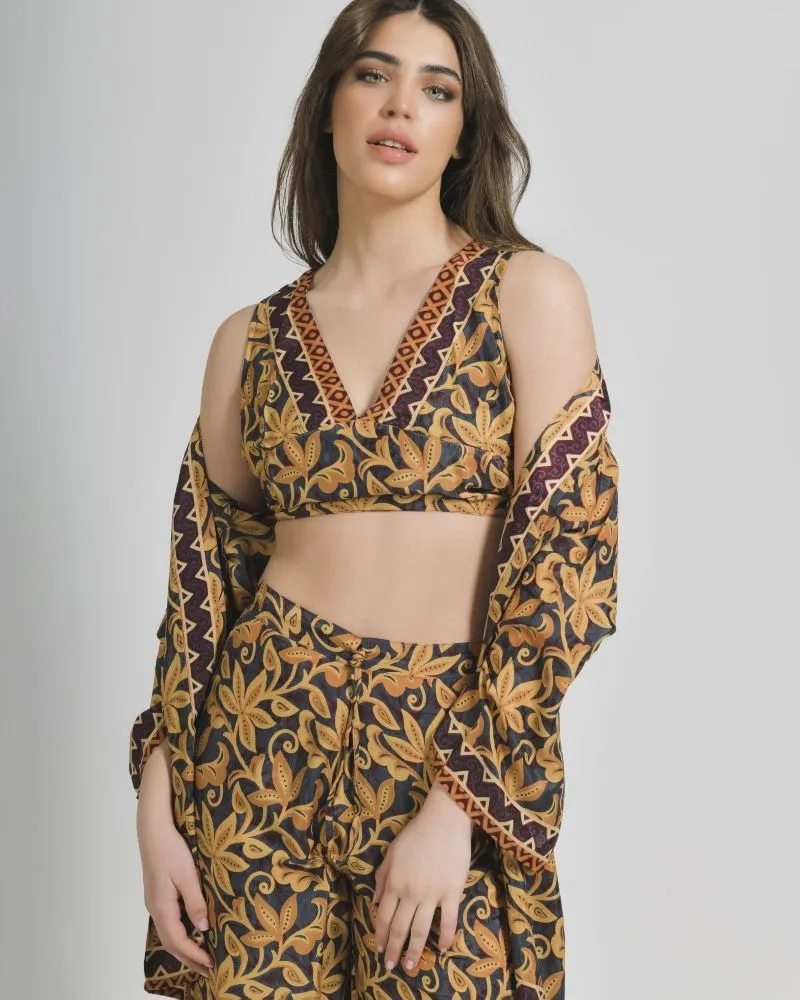 S/3 ΚΙΜΟΝΟ, ΤΟΠ ΚΑΙ ΠΑΝΤΕΛΟΝΑ ΕΜΠΡΙΜΕ ΣΕ ΜΑΥΡΟ/ΜΟΥΣΤΑΡΔΙ ΧΡΩΜΑ ONE SIZE (28%SILK / 72%CREPE)