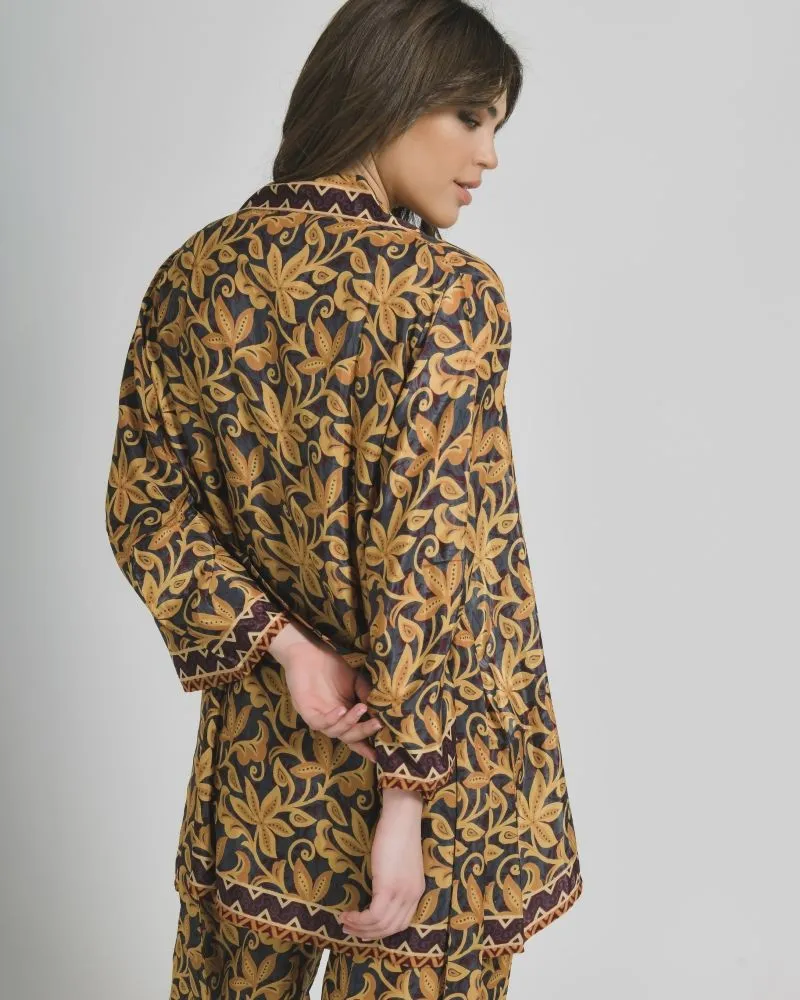 S/3 ΚΙΜΟΝΟ, ΤΟΠ ΚΑΙ ΠΑΝΤΕΛΟΝΑ ΕΜΠΡΙΜΕ ΣΕ ΜΑΥΡΟ/ΜΟΥΣΤΑΡΔΙ ΧΡΩΜΑ ONE SIZE (28%SILK / 72%CREPE)