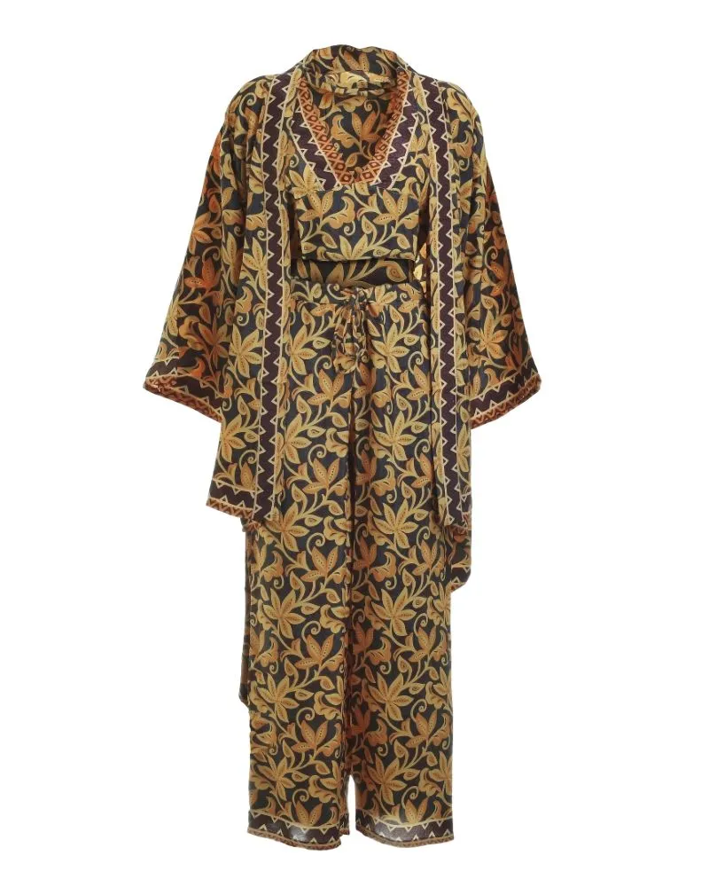 S/3 ΚΙΜΟΝΟ, ΤΟΠ ΚΑΙ ΠΑΝΤΕΛΟΝΑ ΕΜΠΡΙΜΕ ΣΕ ΜΑΥΡΟ/ΜΟΥΣΤΑΡΔΙ ΧΡΩΜΑ ONE SIZE (28%SILK / 72%CREPE)