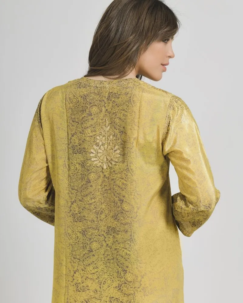 TUNIC/ ΠΟΥΚΑΜΙΣΑ ΜΑΚΡΙΑ ΕΚΡΟΥ/ΚΑΦΕ ΜΕ ΣΧΕΔΙΑ ΚΑΙ ΚΟΥΜΠΙΑ ΜΑΚΡΥ ΜΑΝΙΚΙ M/L (28%SILK /72% CREPE)