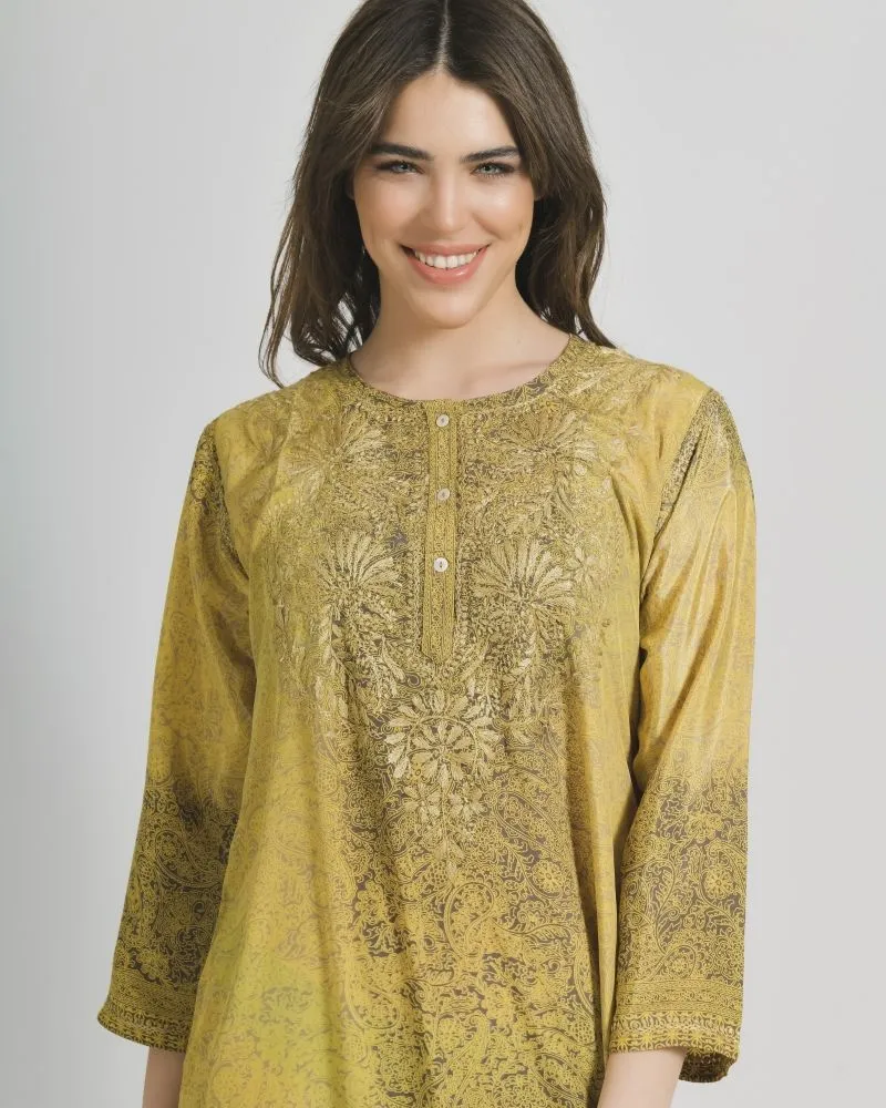 TUNIC/ ΠΟΥΚΑΜΙΣΑ ΜΑΚΡΙΑ ΕΚΡΟΥ/ΚΑΦΕ ΜΕ ΣΧΕΔΙΑ ΚΑΙ ΚΟΥΜΠΙΑ ΜΑΚΡΥ ΜΑΝΙΚΙ L/XL (28%SILK /72% CREPE)