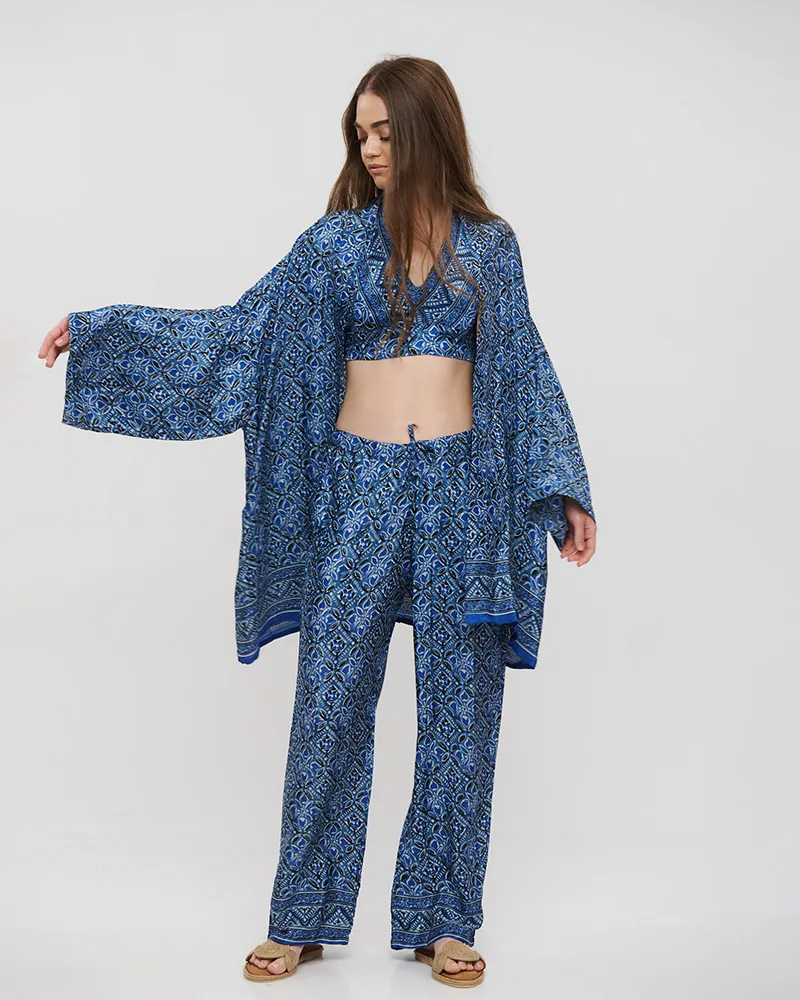 S/3 ΚΙΜΟΝΟ, ΤΟΠ ΚΑΙ ΠΑΝΤΕΛΟΝΑ ΜΠΛΕ ONE SIZE (28%SILK / 72%CREPE)