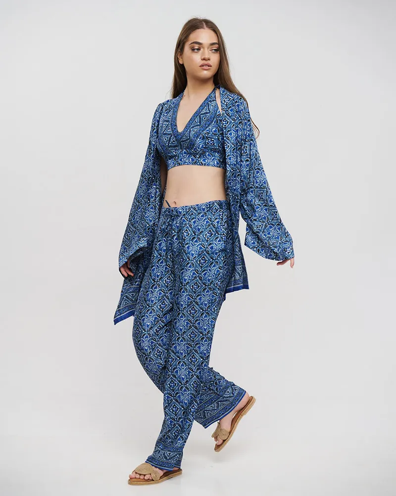 S/3 ΚΙΜΟΝΟ, ΤΟΠ ΚΑΙ ΠΑΝΤΕΛΟΝΑ ΜΠΛΕ ONE SIZE (28%SILK / 72%CREPE)