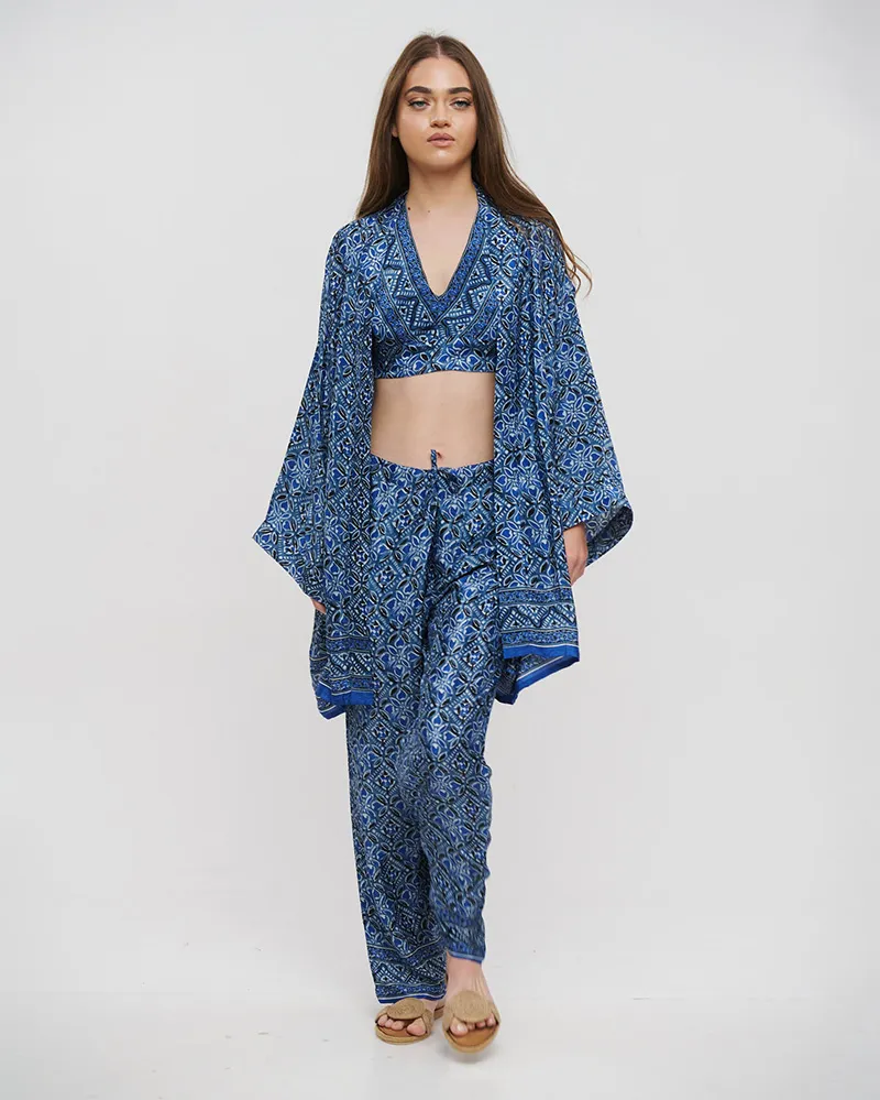 S/3 ΚΙΜΟΝΟ, ΤΟΠ ΚΑΙ ΠΑΝΤΕΛΟΝΑ ΜΠΛΕ ONE SIZE (28%SILK / 72%CREPE)