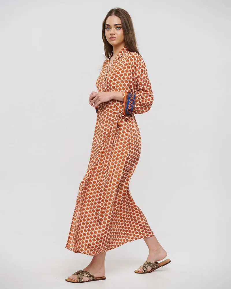 ΦΟΡΕΜΑ ΜΑΚΡΥ ΚΡΟΥΑΖΕ ΣΕ ΜΠΕΖ/ΠΟΡΤΟΚΑΛΙ ΧΡΩΜΑ ΜΕ ΣΧΕΔΙΑ ONE SIZE (28%SILK / 72%CREPE)