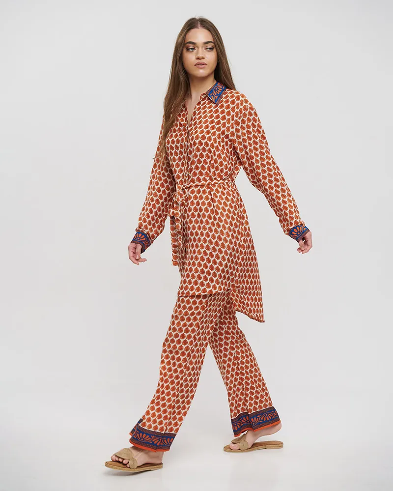 ΠΟΥΚΑΜΙΣΟ ΜΕ ΖΩΝΗ ΣΕ ΜΠΕΖ/ΠΟΡΤΟΚΑΛΙ ΧΡΩΜΑ ΜΕ ΣΧΕΔΙΑ S/M (28%SILK / 72%CREPE)