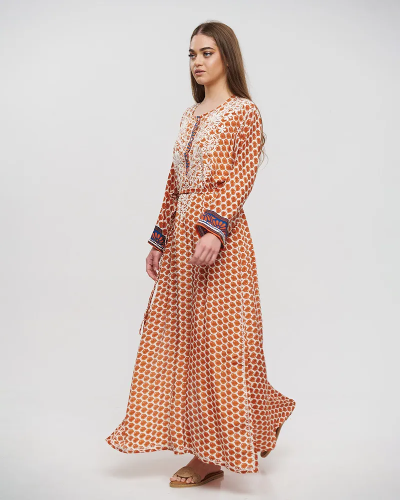 ΚΑΦΤΑΝΙ/ΦΟΡΕΜΑ ΜΑΚΡΥ ΜΕ ΖΩΝΗ ΣΕ ΜΠΕΖ/ΠΟΡΤΟΚΑΛΙ ΧΡΩΜΑ ΜΕ ΣΧΕΔΙΑ S/M (28%SILK / 72%CREPE)