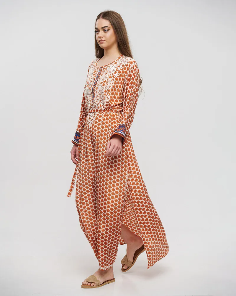 ΚΑΦΤΑΝΙ/ΦΟΡΕΜΑ ΜΑΚΡΥ ΜΕ ΖΩΝΗ ΣΕ ΜΠΕΖ/ΠΟΡΤΟΚΑΛΙ ΧΡΩΜΑ ΜΕ ΣΧΕΔΙΑ S/M (28%SILK / 72%CREPE)