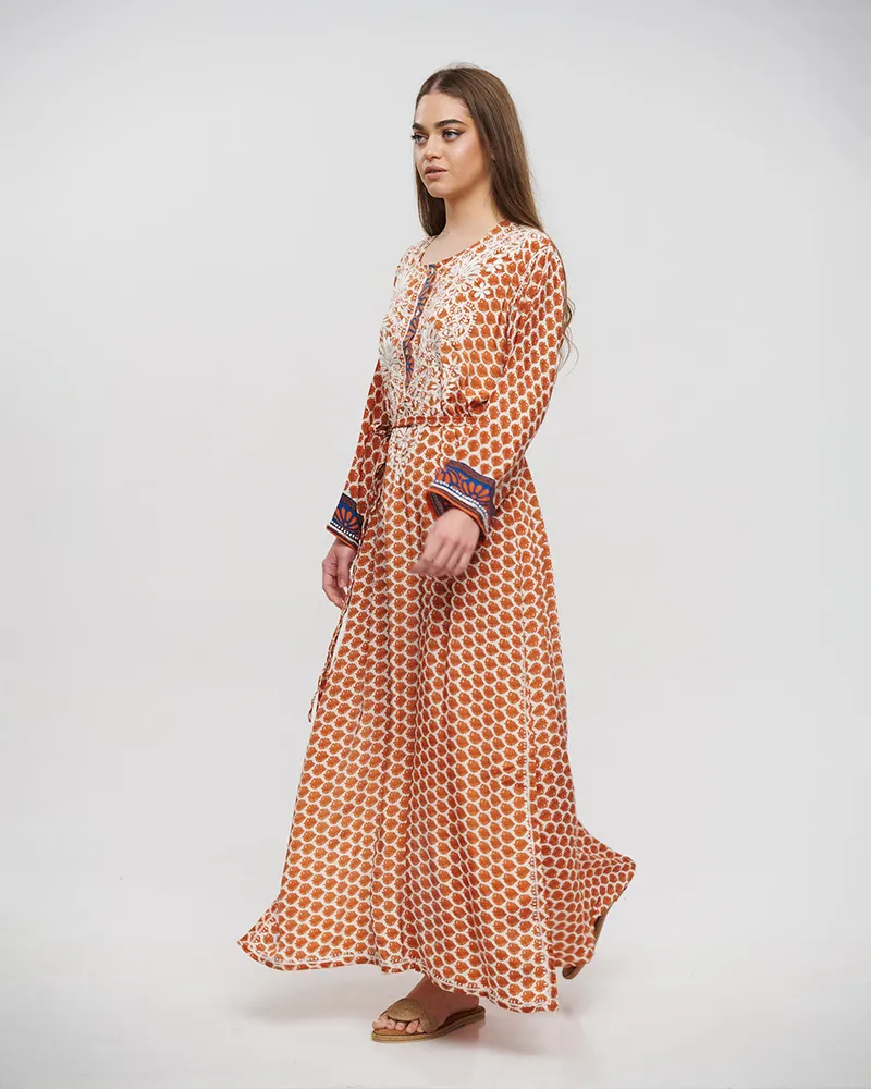 ΚΑΦΤΑΝΙ/ΦΟΡΕΜΑ ΜΑΚΡΥ ΜΕ ΖΩΝΗ ΣΕ ΜΠΕΖ/ΠΟΡΤΟΚΑΛΙ ΧΡΩΜΑ ΜΕ ΣΧΕΔΙΑ L/XL (28%SILK / 72%CREPE)