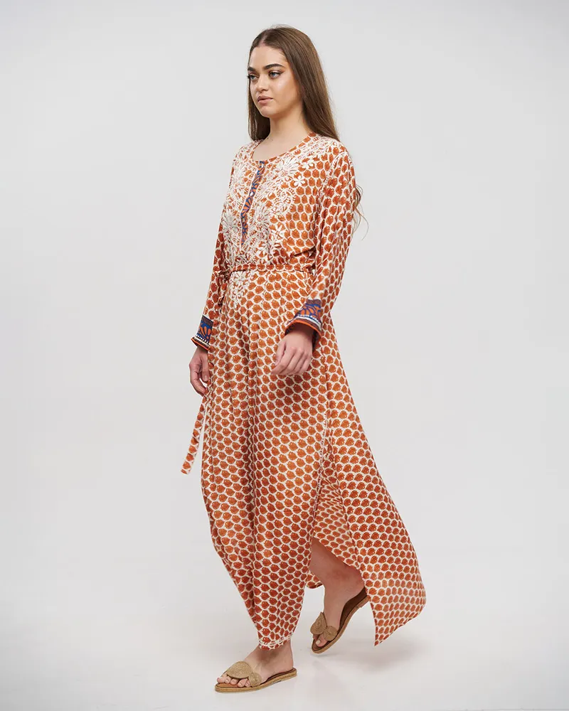 ΚΑΦΤΑΝΙ/ΦΟΡΕΜΑ ΜΑΚΡΥ ΜΕ ΖΩΝΗ ΣΕ ΜΠΕΖ/ΠΟΡΤΟΚΑΛΙ ΧΡΩΜΑ ΜΕ ΣΧΕΔΙΑ L/XL (28%SILK / 72%CREPE)