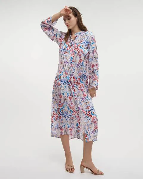 ΠΟΥΚΑΜΙΣΑ ΜΑΚΡΙΑ ΕΜΠΡΙΜΕ ΠΟΛΥΧΡΩΜΗ ΜΕ ΣΧΕΔΙΑ ΚΑΙ ΚΟΥΜΠΙΑ ΜΑΚΡΥ ΜΑΝΙΚΙ M/L (28%SILK / 72% POLYESTER)