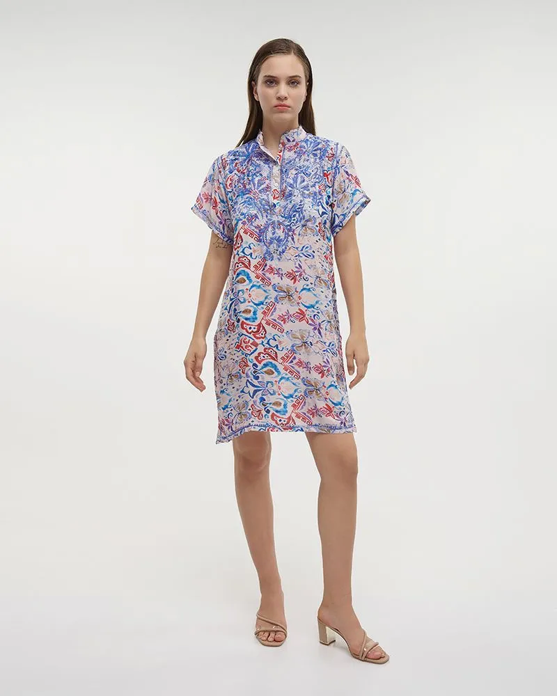 ΜΠΛΟΥΖΑ/TUNIC ΚΟΝΤΟΜΑΝΙΚΗ ΕΜΠΡΙΜΕ ΠΟΛΥΧΡΩΜΗ ΜΕ ΣΧΕΔΙΑ S/M (28%SILK / 72% POLYESTER)