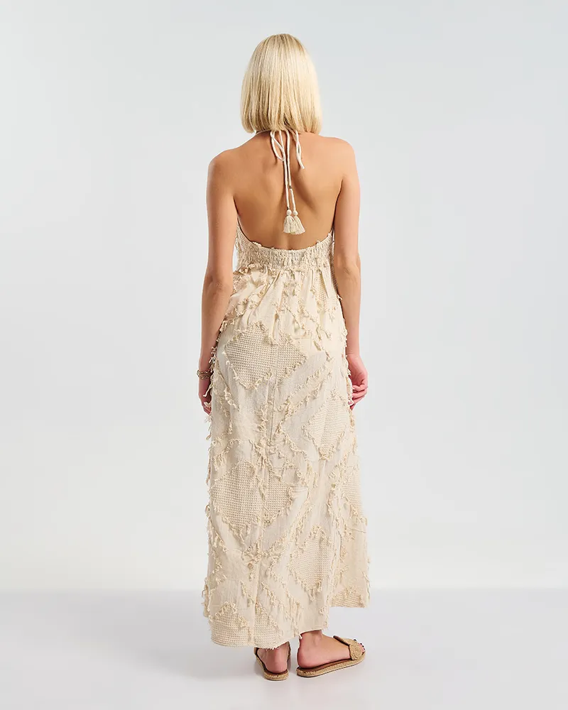 ΦΟΡΕΜΑ ΜΑΚΡΥ ΕΞΩΠΛΑΤΟ ΣΕ ΕΚΡΟΥ ΧΡΩΜΑ ΜΕ ΔΙΑΚΟΣΜΗΤΙΚΑ ΦΟΥΝΤΑΚΙΑ ONE SIZE (100% COTTON)