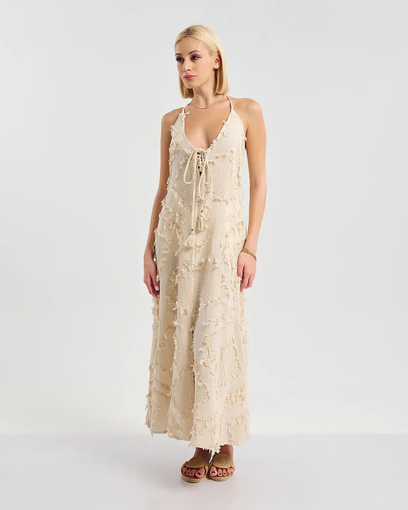 ΦΟΡΕΜΑ ΜΑΚΡΥ ΕΞΩΠΛΑΤΟ ΣΕ ΕΚΡΟΥ ΧΡΩΜΑ ΜΕ ΔΙΑΚΟΣΜΗΤΙΚΑ ΦΟΥΝΤΑΚΙΑ ONE SIZE (100% COTTON)