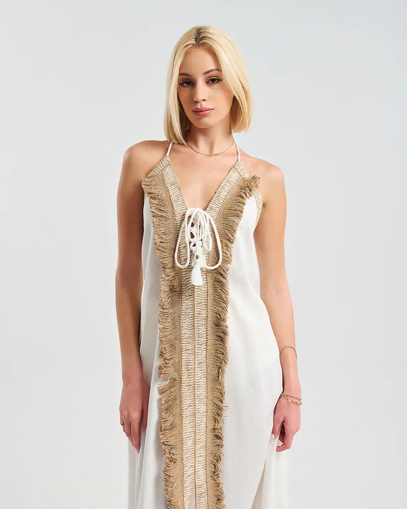 ΜΑΚΡΥ ΦΟΡΕΜΑ ΕΞΩΠΛΑΤΟ ΣΕ ΛΕΥΚΌ ΜΕ ΚΑΦΈ ΚΡΟΣΣΙΑ ONE SIZE ( 100% COTTON)