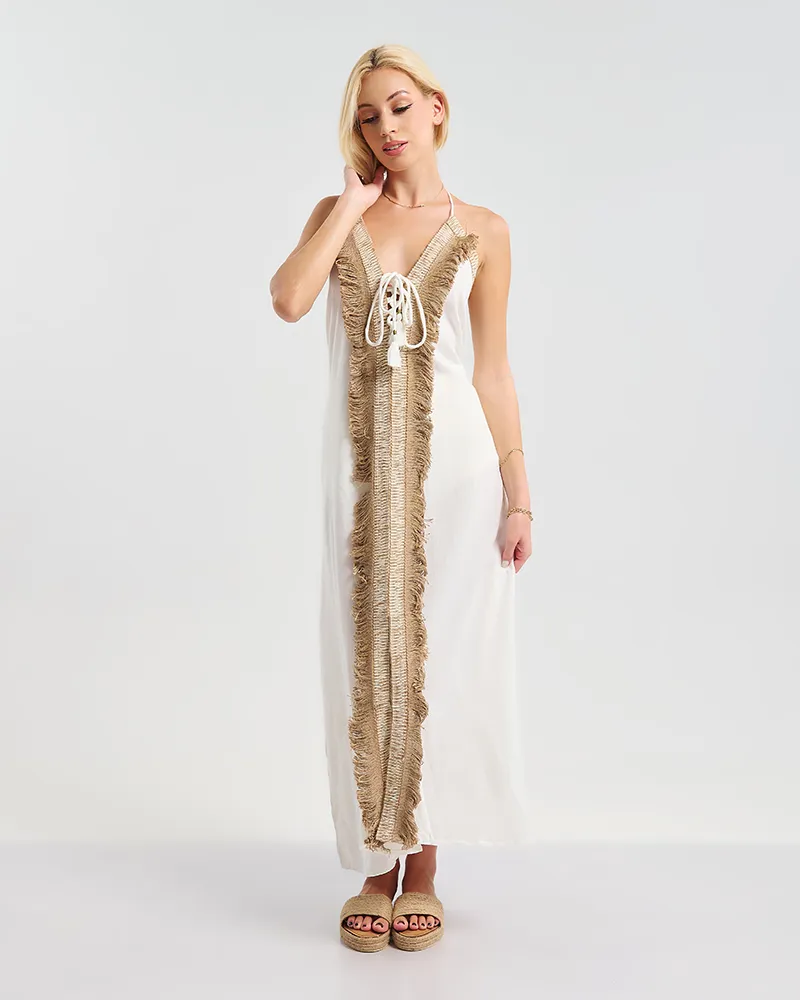 ΜΑΚΡΥ ΦΟΡΕΜΑ ΕΞΩΠΛΑΤΟ ΣΕ ΛΕΥΚΌ ΜΕ ΚΑΦΈ ΚΡΟΣΣΙΑ ONE SIZE ( 100% COTTON)