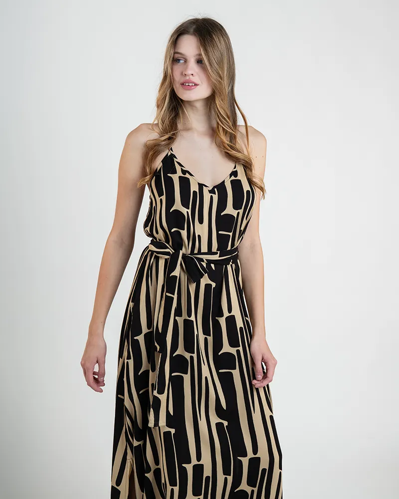 ΦΟΡΕΜΑ ΑΜΑΝΙΚΟ ΣΕ ΜΠΕΖ ΧΡΩΜΑ ΜΕ ΜΑΥΡΑ ΣΧΕΔΙΑ ΚΑΙ ΖΩΝΗ ONE SIZE  (100% RAYON)