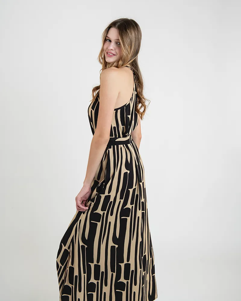 ΦΟΡΕΜΑ ΑΜΑΝΙΚΟ ΣΕ ΜΠΕΖ ΧΡΩΜΑ ΜΕ ΜΑΥΡΑ ΣΧΕΔΙΑ ΚΑΙ ΖΩΝΗ ONE SIZE  (100% RAYON)