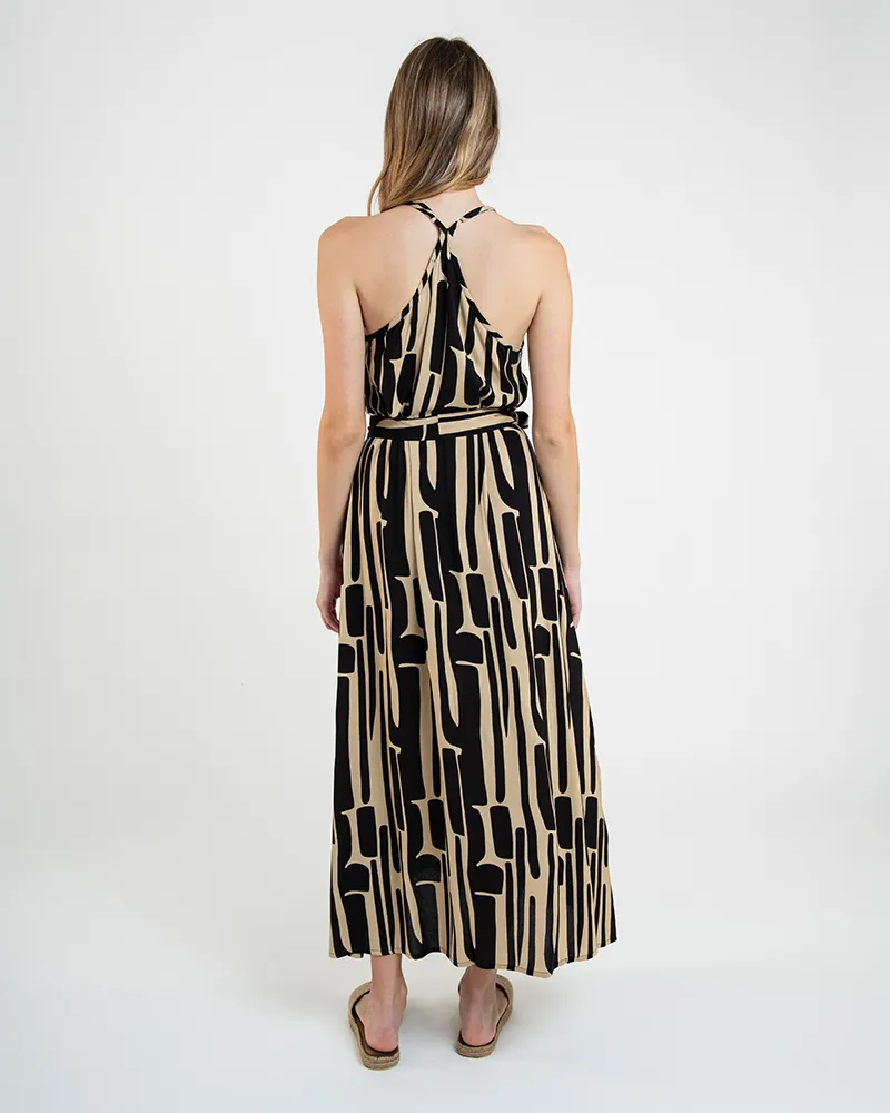 ΦΟΡΕΜΑ ΑΜΑΝΙΚΟ ΣΕ ΜΠΕΖ ΧΡΩΜΑ ΜΕ ΜΑΥΡΑ ΣΧΕΔΙΑ ΚΑΙ ΖΩΝΗ ONE SIZE  (100% RAYON)