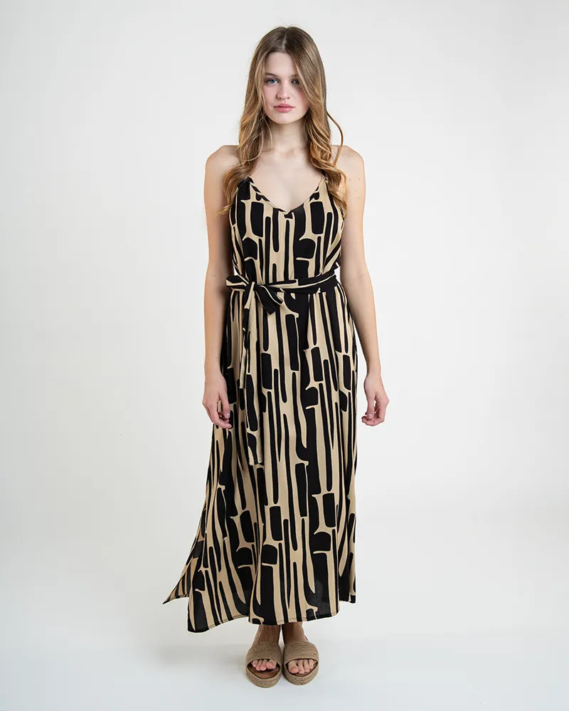 ΦΟΡΕΜΑ ΑΜΑΝΙΚΟ ΣΕ ΜΠΕΖ ΧΡΩΜΑ ΜΕ ΜΑΥΡΑ ΣΧΕΔΙΑ ΚΑΙ ΖΩΝΗ ONE SIZE  (100% RAYON)