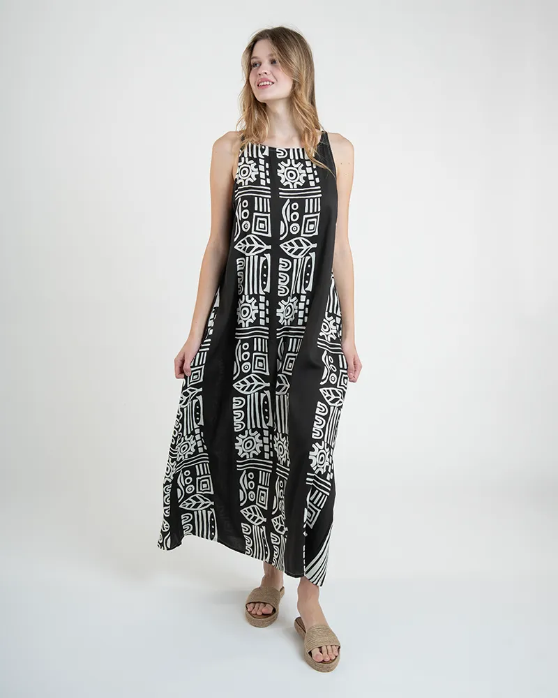 ΦΟΡΕΜΑ ΜΑΚΡΥ ΣΕ ΜΑΥΡΟ ΜΕ ΛΕΥΚΑ ΣΧΕΔΙΑ ONE SIZE  (100% RAYON)