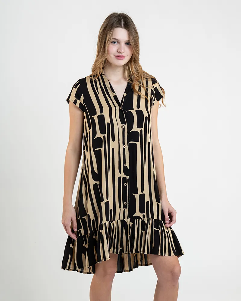 ΦΟΡΕΜΑ ΚΟΝΤΟ ΣΕ ΜΠΕΖ ΧΡΩΜΑ ΜΕ ΜΑΥΡΕΣ ΛΕΠΤΟΜΕΡΕΙΕΣ ΚΑΙ ΖΩΝΗ ONE SIZE  (100% RAYON)