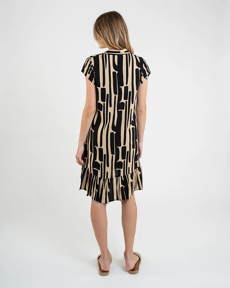 ΦΟΡΕΜΑ ΚΟΝΤΟ ΣΕ ΜΠΕΖ ΧΡΩΜΑ ΜΕ ΜΑΥΡΕΣ ΛΕΠΤΟΜΕΡΕΙΕΣ ΚΑΙ ΖΩΝΗ ONE SIZE  (100% RAYON)