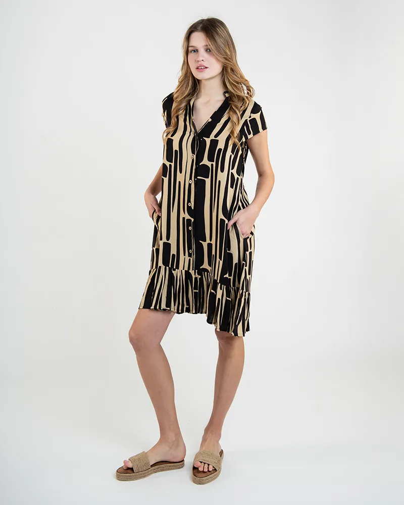 ΦΟΡΕΜΑ ΚΟΝΤΟ ΣΕ ΜΠΕΖ ΧΡΩΜΑ ΜΕ ΜΑΥΡΕΣ ΛΕΠΤΟΜΕΡΕΙΕΣ ΚΑΙ ΖΩΝΗ ONE SIZE  (100% RAYON)