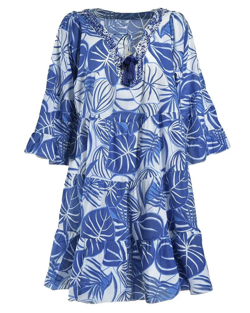 ΦΟΡΕΜΑ ΚΟΝΤΟ ΜΕ ΜΑΚΡΥ ΜΑΝΙΚΙ ΛΕΥΚΟ/ΜΠΛΕ ΜΕ ΦΥΛΛΑ M/L (100% COTTON)