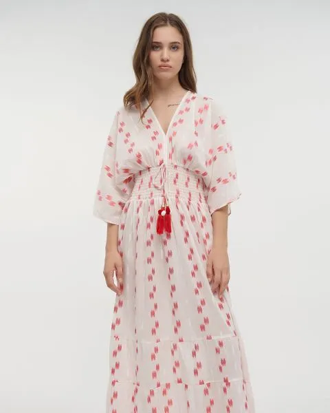 ΦΟΡΕΜΑ ΜΑΚΡΥ ΜΕ 3/4 ΜΑΝΙΚΙ ΛΕΥΚΟ/ΚΟΚΚΙΝΟ ONE SIZE (100% COTTON)