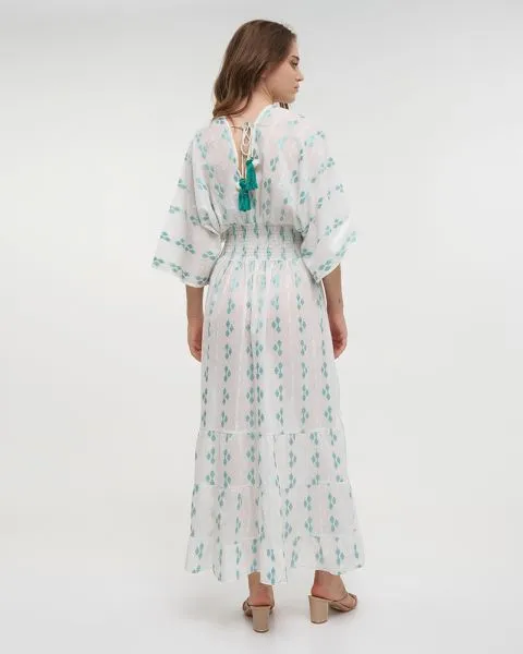 ΦΟΡΕΜΑ ΜΑΚΡΥ ΜΕ 3/4 ΜΑΝΙΚΙ ΛΕΥΚΟ/ΠΡΑΣΙΝΟ ONE SIZE (100% COTTON)