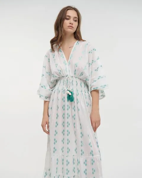 ΦΟΡΕΜΑ ΜΑΚΡΥ ΜΕ 3/4 ΜΑΝΙΚΙ ΛΕΥΚΟ/ΠΡΑΣΙΝΟ ONE SIZE (100% COTTON)