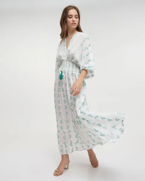 ΦΟΡΕΜΑ ΜΑΚΡΥ ΜΕ 3/4 ΜΑΝΙΚΙ ΛΕΥΚΟ/ΠΡΑΣΙΝΟ ONE SIZE (100% COTTON)