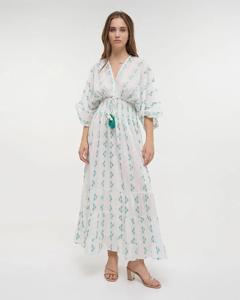 ΦΟΡΕΜΑ ΜΑΚΡΥ ΜΕ 3/4 ΜΑΝΙΚΙ ΛΕΥΚΟ/ΠΡΑΣΙΝΟ ONE SIZE (100% COTTON)