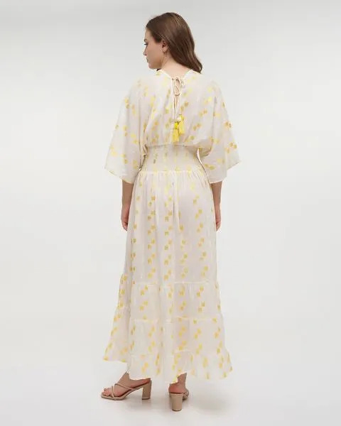 ΦΟΡΕΜΑ ΜΑΚΡΥ ΜΕ 3/4 ΜΑΝΙΚΙ ΛΕΥΚΟ/ΚΙΤΡΙΝΟ ONE SIZE (100% COTTON)