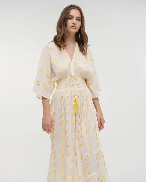 ΦΟΡΕΜΑ ΜΑΚΡΥ ΜΕ 3/4 ΜΑΝΙΚΙ ΛΕΥΚΟ/ΚΙΤΡΙΝΟ ONE SIZE (100% COTTON)