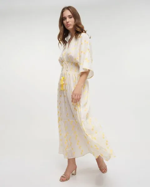 ΦΟΡΕΜΑ ΜΑΚΡΥ ΜΕ 3/4 ΜΑΝΙΚΙ ΛΕΥΚΟ/ΚΙΤΡΙΝΟ ONE SIZE (100% COTTON)