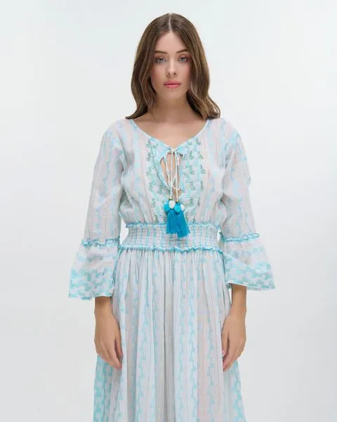 ΦΟΡΕΜΑ ΜΑΚΡΥ ΜΕ 3/4 ΜΑΝΙΚΙ ΛΕΥΚΟ/ΓΑΛΑΖΙΟ ONE SIZE (100% COTTON)