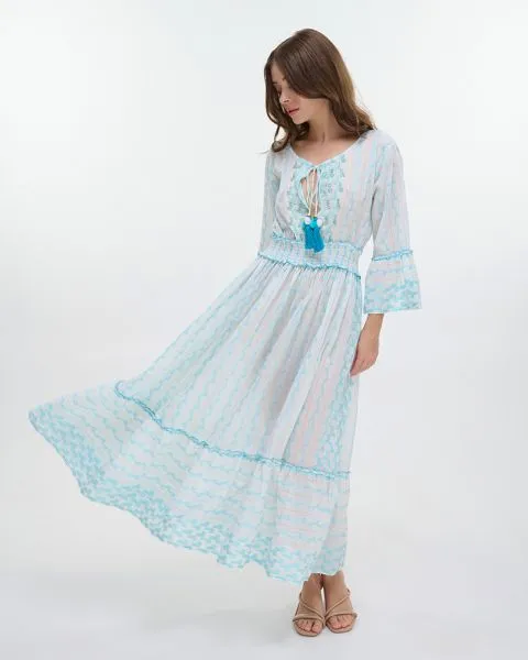 ΦΟΡΕΜΑ ΜΑΚΡΥ ΜΕ 3/4 ΜΑΝΙΚΙ ΛΕΥΚΟ/ΓΑΛΑΖΙΟ ONE SIZE (100% COTTON)