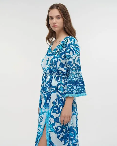 ΦΟΡΕΜΑ/ΠΟΥΚΑΜΙΣΑ ΜΑΚΡΙΑ ΤΥΡΚΟΥΑΖ/ΛΕΥΚΟ ΜΕ ΚΕΝΤΗΜΑΤΑ S/M (100% COTTON)